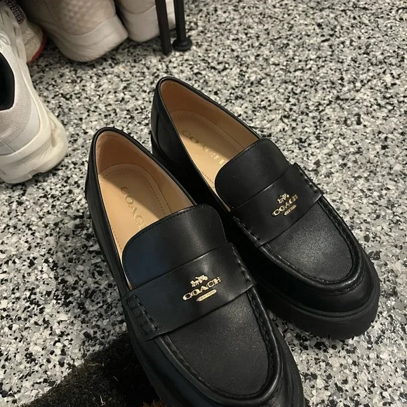Coach | Shoes | Coach Black Leather Slipon Loafers With Gold